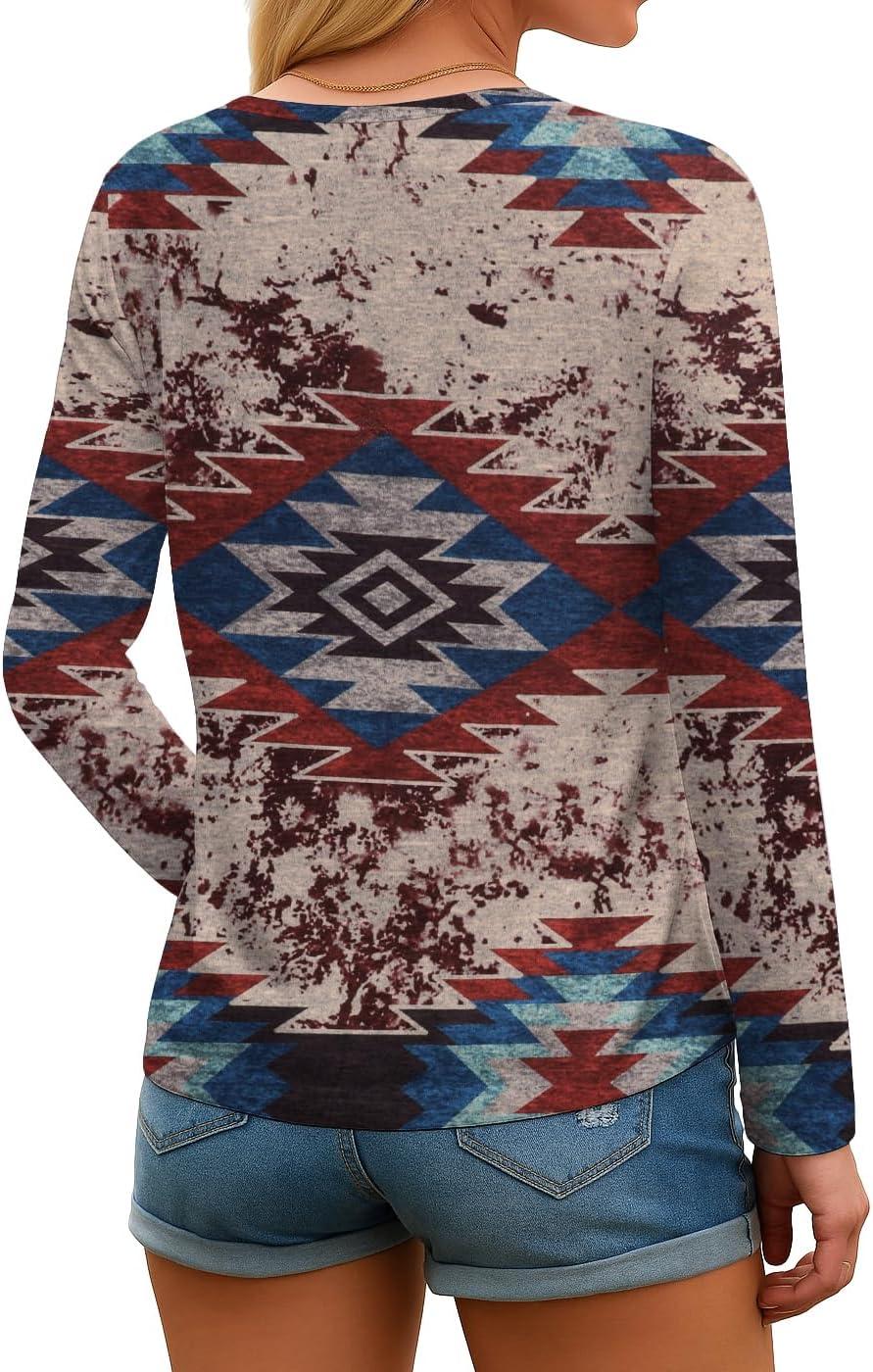 imageIWOLLENCE Womens Long Sleeve Aztec Western T Shirts Vintage Geometry Graphic Henley Tops Casual Button Down BlouseFpred Blue Geometry
