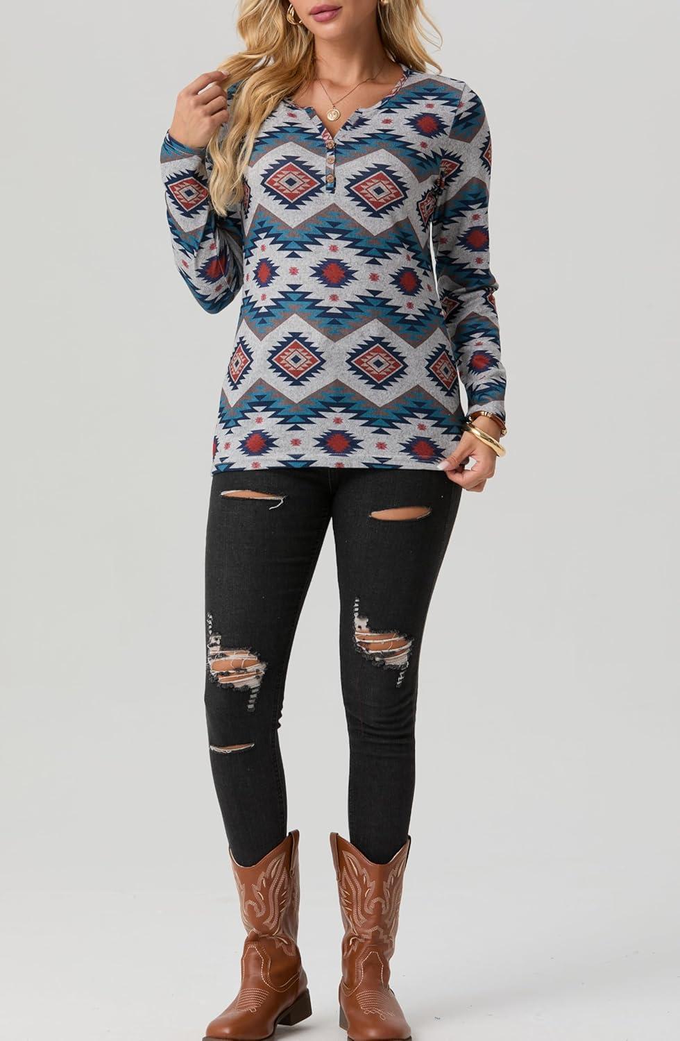 imageIWOLLENCE Womens Long Sleeve Aztec Western T Shirts Vintage Geometry Graphic Henley Tops Casual Button Down BlouseFpwhite Geometry