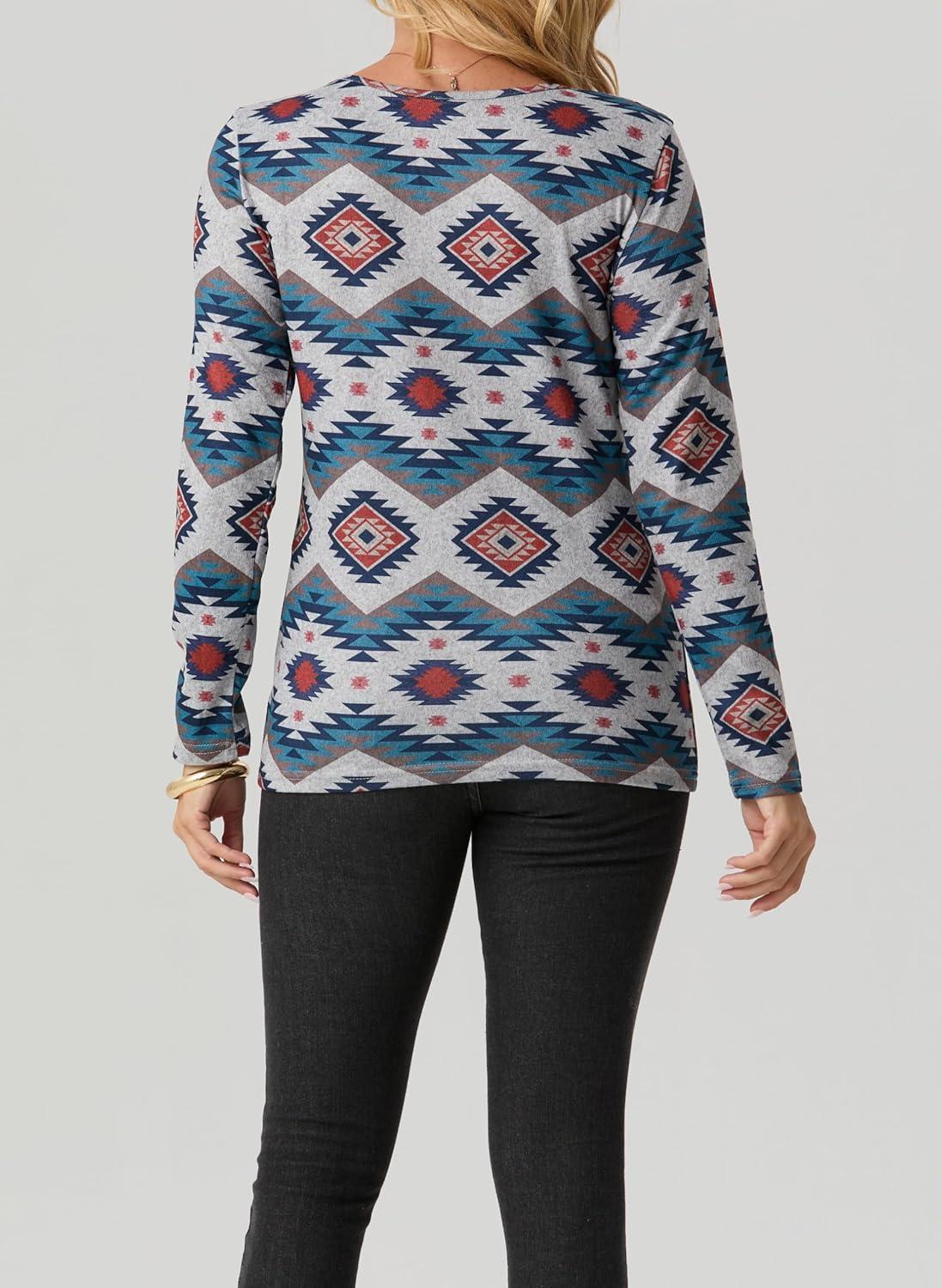 imageIWOLLENCE Womens Long Sleeve Aztec Western T Shirts Vintage Geometry Graphic Henley Tops Casual Button Down BlouseFpwhite Geometry