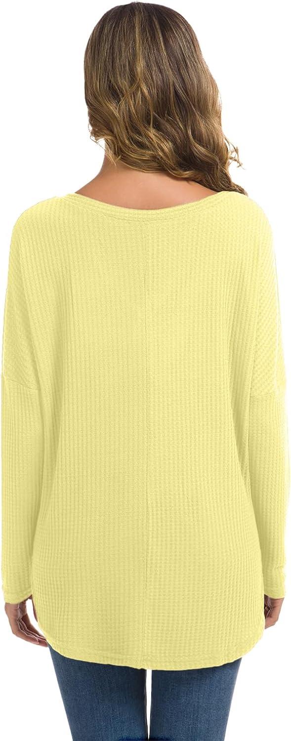 imageIWOLLENCE Womens Waffle Knit Tunic Blouse Tie Knot Henley Tops Loose Fitting Bat Wing Plain ShirtsButter Yellow