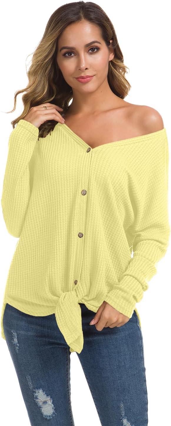 imageIWOLLENCE Womens Waffle Knit Tunic Blouse Tie Knot Henley Tops Loose Fitting Bat Wing Plain ShirtsButter Yellow