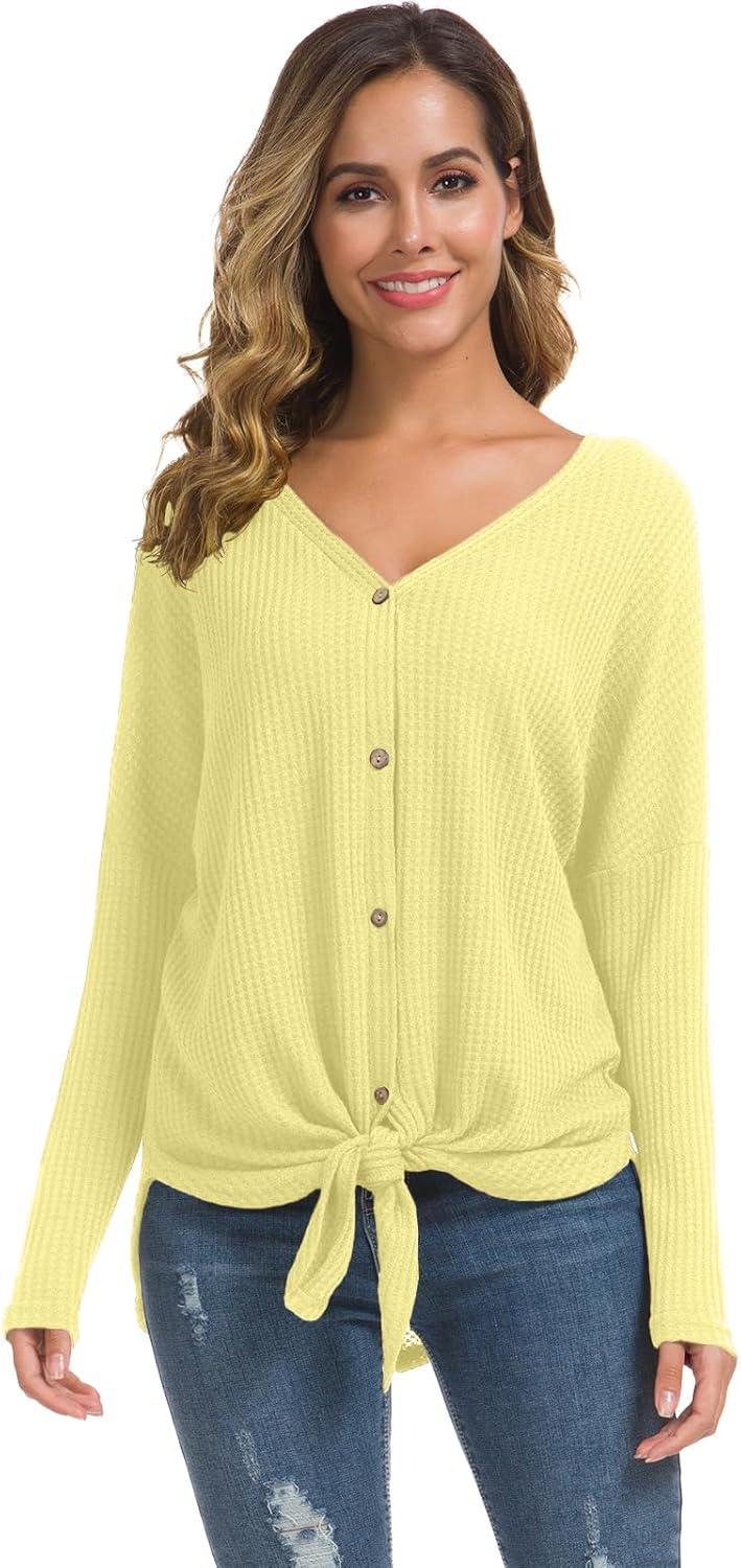 imageIWOLLENCE Womens Waffle Knit Tunic Blouse Tie Knot Henley Tops Loose Fitting Bat Wing Plain ShirtsButter Yellow