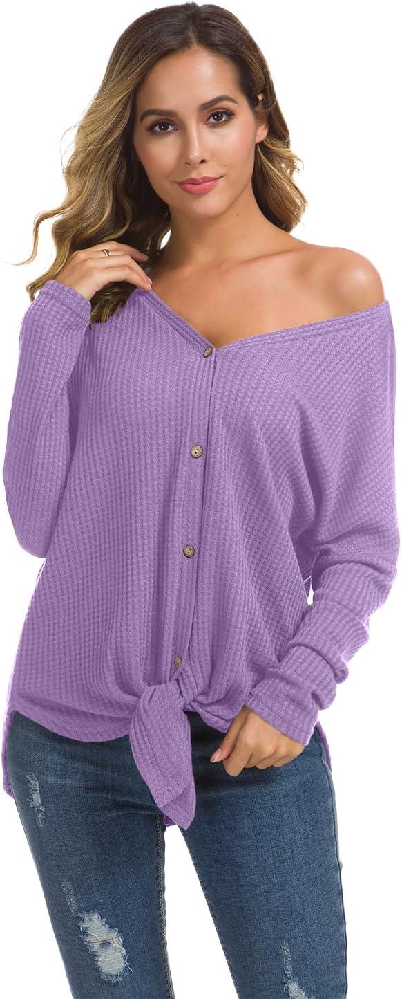 imageIWOLLENCE Womens Waffle Knit Tunic Blouse Tie Knot Henley Tops Loose Fitting Bat Wing Plain ShirtsLilac Purple