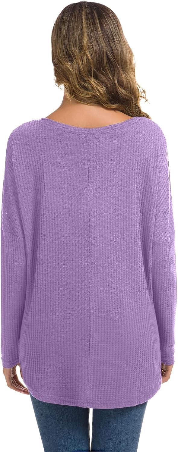 imageIWOLLENCE Womens Waffle Knit Tunic Blouse Tie Knot Henley Tops Loose Fitting Bat Wing Plain ShirtsLilac Purple