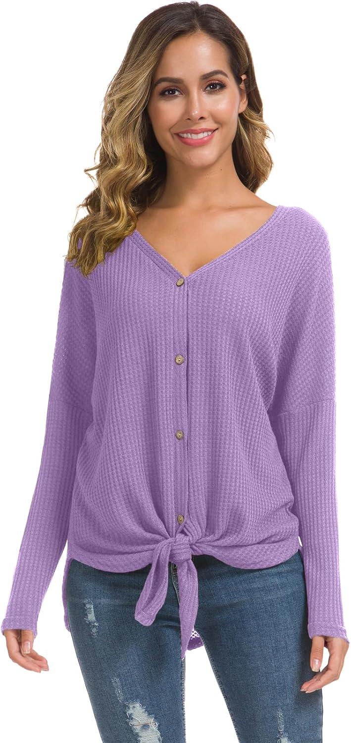 imageIWOLLENCE Womens Waffle Knit Tunic Blouse Tie Knot Henley Tops Loose Fitting Bat Wing Plain ShirtsLilac Purple