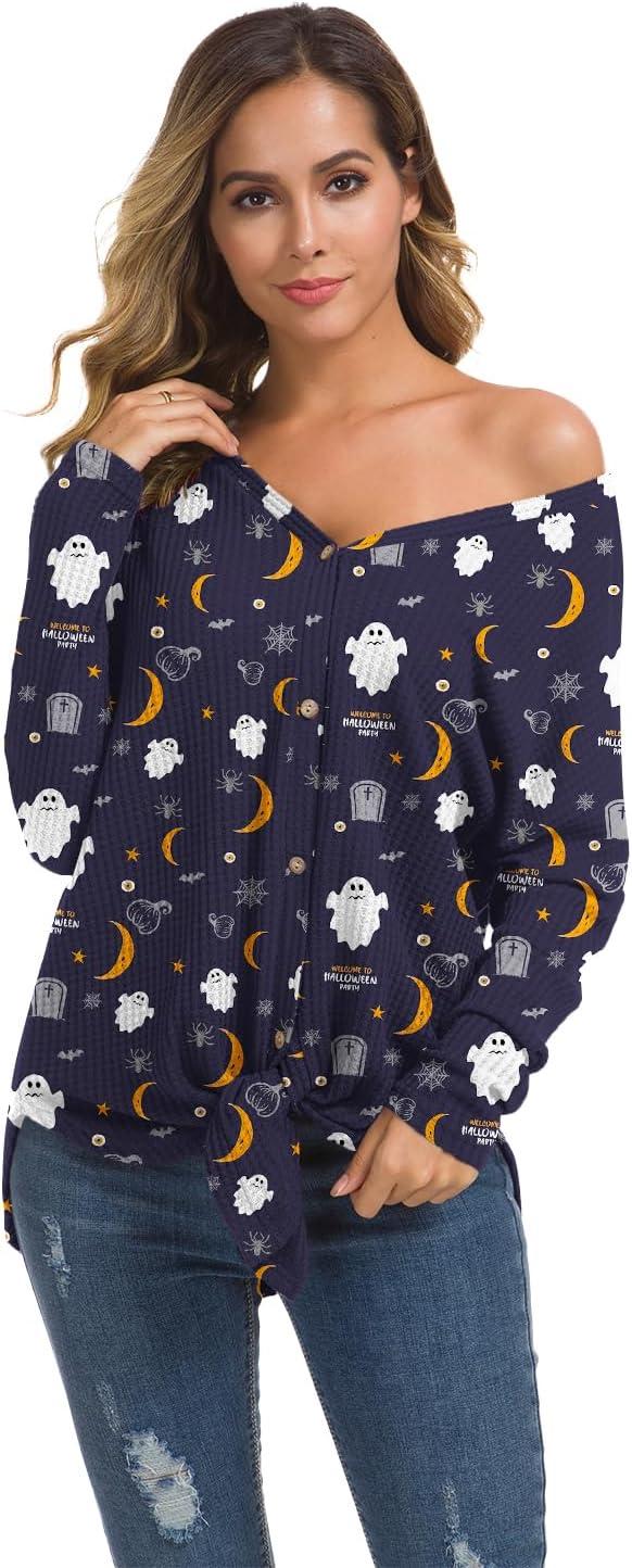 imageIWOLLENCE Womens Waffle Knit Tunic Blouse Tie Knot Henley Tops Loose Fitting Bat Wing Plain ShirtsZ02black Ghost Moon