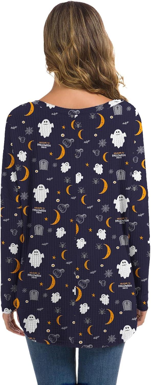 imageIWOLLENCE Womens Waffle Knit Tunic Blouse Tie Knot Henley Tops Loose Fitting Bat Wing Plain ShirtsZ02black Ghost Moon