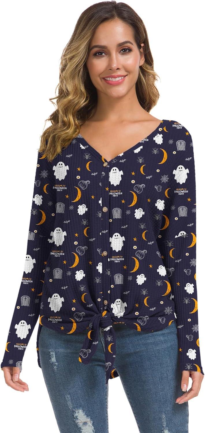 imageIWOLLENCE Womens Waffle Knit Tunic Blouse Tie Knot Henley Tops Loose Fitting Bat Wing Plain ShirtsZ02black Ghost Moon