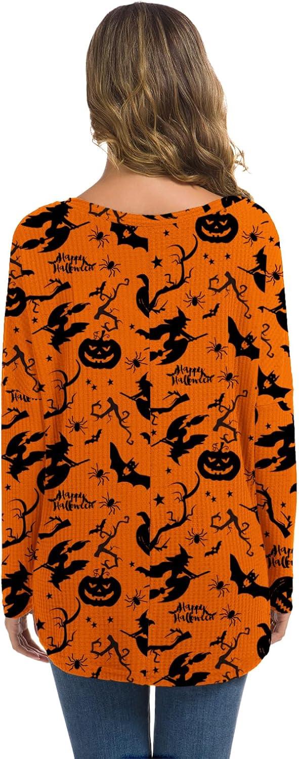 imageIWOLLENCE Womens Waffle Knit Tunic Blouse Tie Knot Henley Tops Loose Fitting Bat Wing Plain ShirtsZ02orange Pumpkin Witch