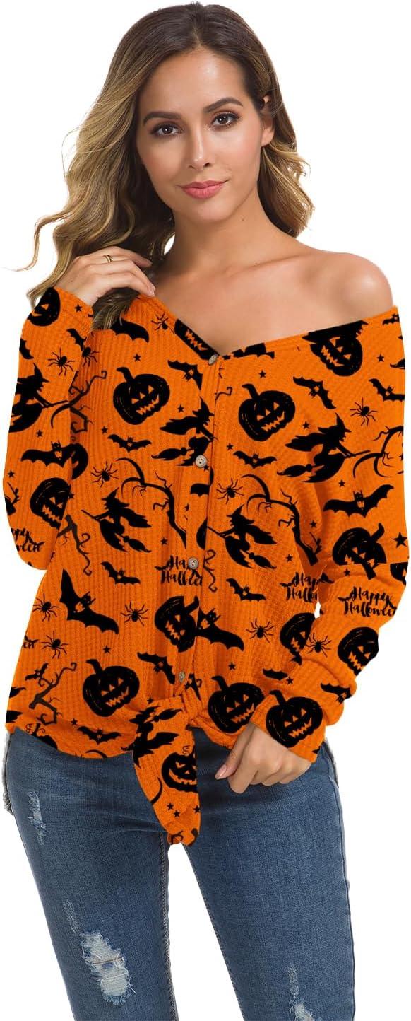 imageIWOLLENCE Womens Waffle Knit Tunic Blouse Tie Knot Henley Tops Loose Fitting Bat Wing Plain ShirtsZ02orange Pumpkin Witch
