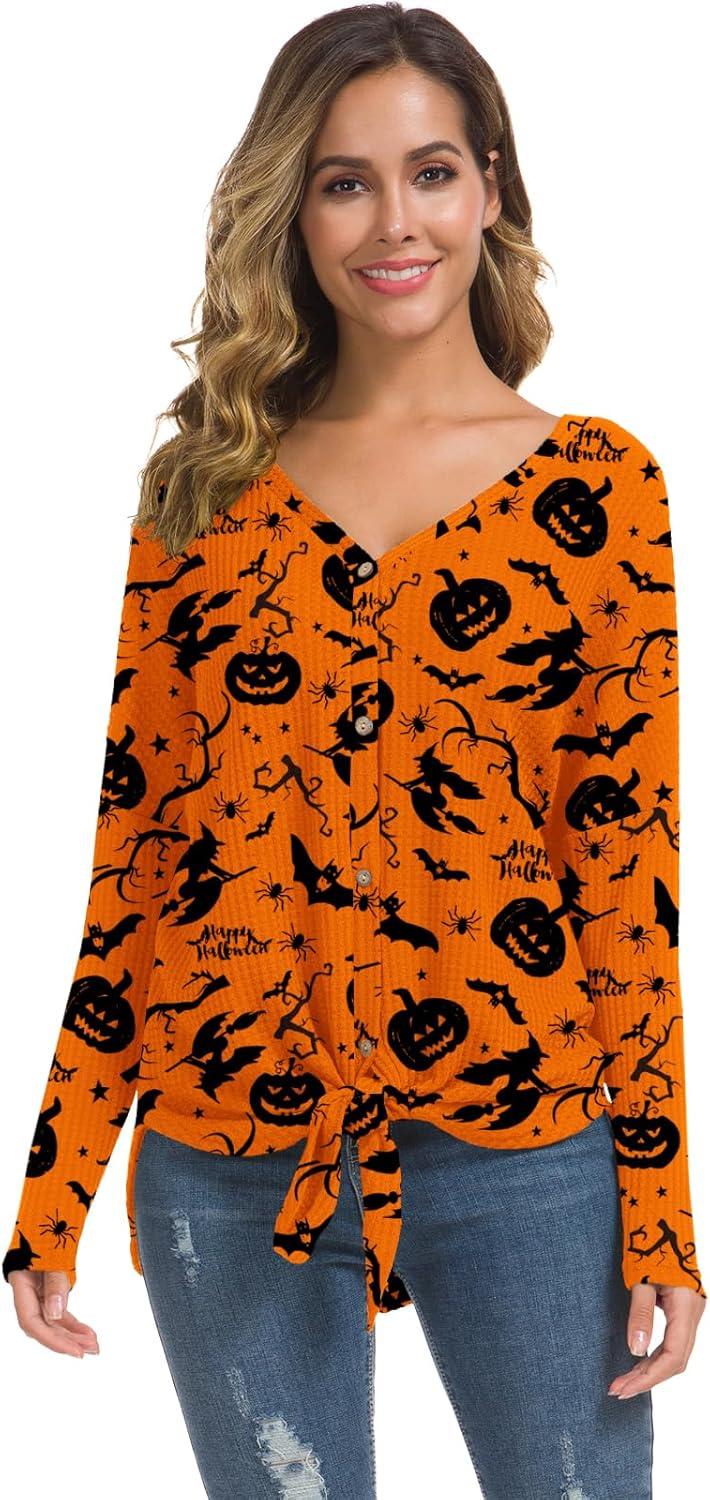 imageIWOLLENCE Womens Waffle Knit Tunic Blouse Tie Knot Henley Tops Loose Fitting Bat Wing Plain ShirtsZ02orange Pumpkin Witch