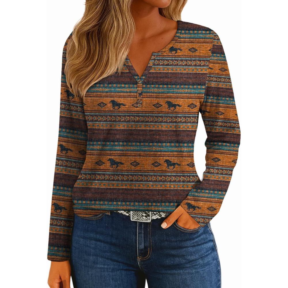 imageIWOLLENCE Womens Long Sleeve Aztec Western T Shirts Vintage Geometry Graphic Henley Tops Casual Button Down BlouseFphorse Diamond Stripe