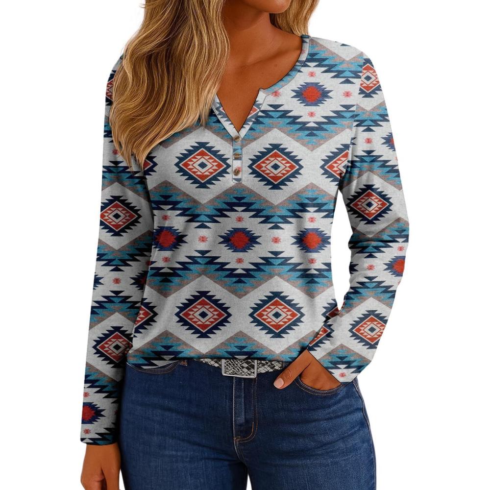 imageIWOLLENCE Womens Long Sleeve Aztec Western T Shirts Vintage Geometry Graphic Henley Tops Casual Button Down BlouseFpwhite Geometry