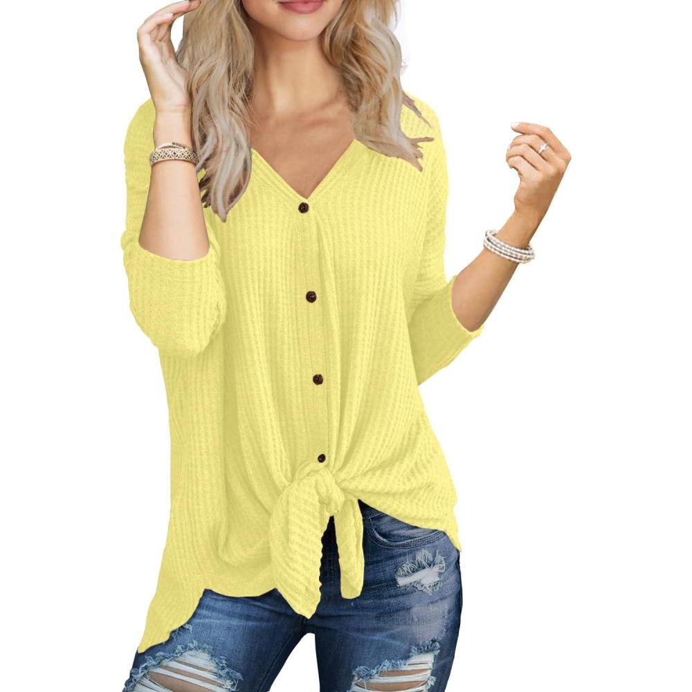 imageIWOLLENCE Womens Waffle Knit Tunic Blouse Tie Knot Henley Tops Loose Fitting Bat Wing Plain ShirtsButter Yellow