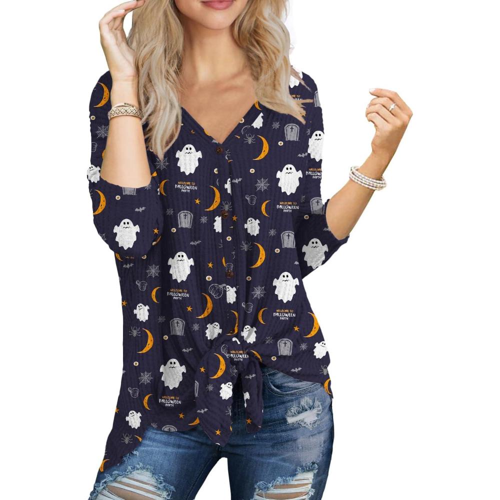 imageIWOLLENCE Womens Waffle Knit Tunic Blouse Tie Knot Henley Tops Loose Fitting Bat Wing Plain ShirtsZ02black Ghost Moon
