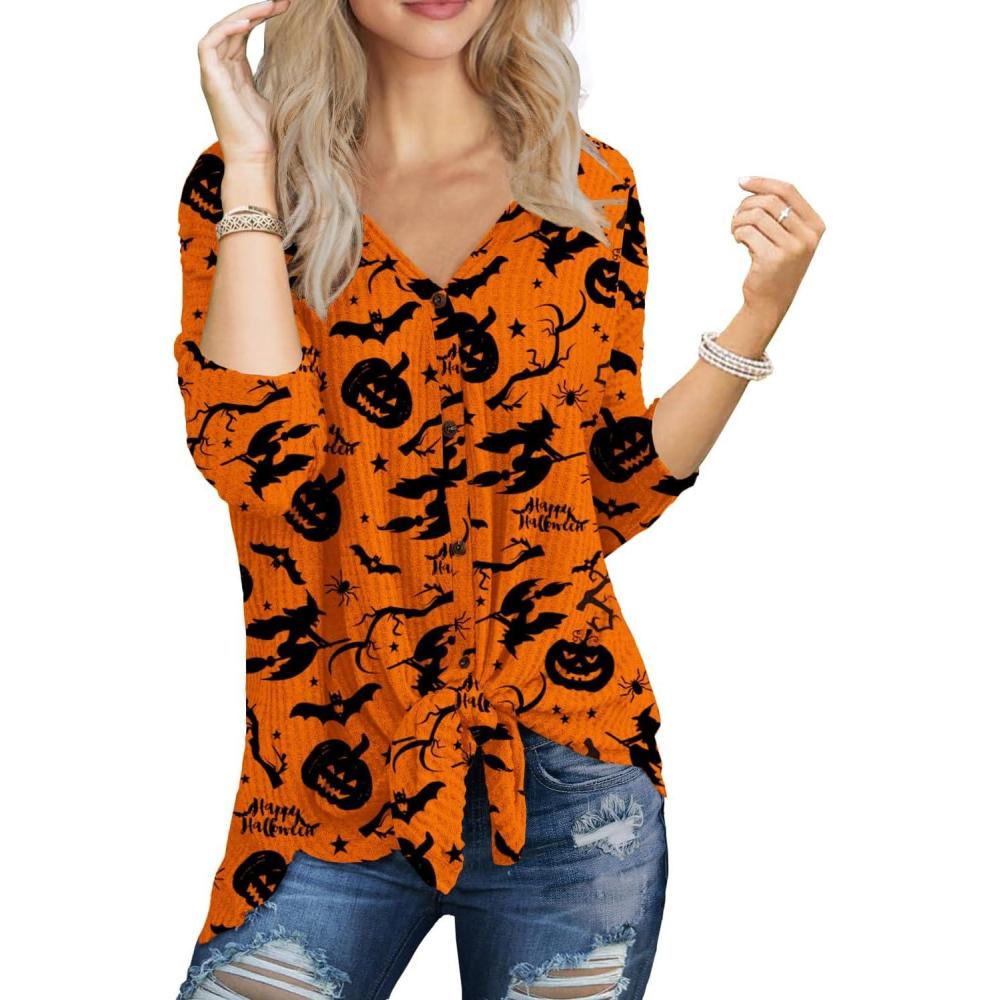 imageIWOLLENCE Womens Waffle Knit Tunic Blouse Tie Knot Henley Tops Loose Fitting Bat Wing Plain ShirtsZ02orange Pumpkin Witch
