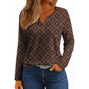 imageIWOLLENCE Womens Long Sleeve Aztec Western T Shirts Vintage Geometry Graphic Henley Tops Casual Button Down BlouseFpbrown Black Diamond