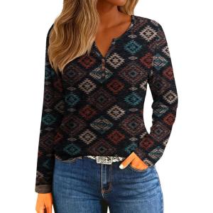 imageIWOLLENCE Womens Long Sleeve Aztec Western T Shirts Vintage Geometry Graphic Henley Tops Casual Button Down BlouseFpbrown Blue Diamond