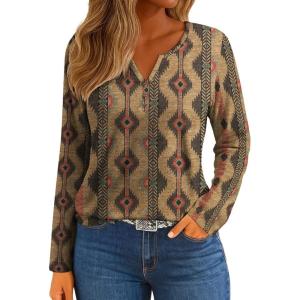 imageIWOLLENCE Womens Long Sleeve Aztec Western T Shirts Vintage Geometry Graphic Henley Tops Casual Button Down BlouseFpbrown Diamond Stripe