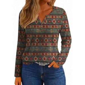 imageIWOLLENCE Womens Long Sleeve Aztec Western T Shirts Vintage Geometry Graphic Henley Tops Casual Button Down BlouseFpcow Brown Green