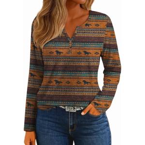 imageIWOLLENCE Womens Long Sleeve Aztec Western T Shirts Vintage Geometry Graphic Henley Tops Casual Button Down BlouseFphorse Diamond Stripe