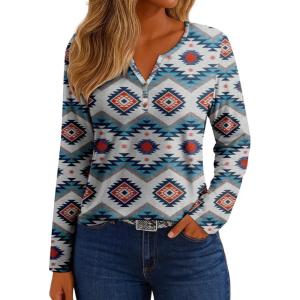 imageIWOLLENCE Womens Long Sleeve Aztec Western T Shirts Vintage Geometry Graphic Henley Tops Casual Button Down BlouseFpwhite Geometry