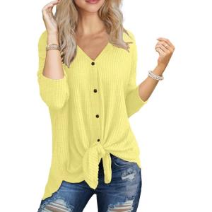 imageIWOLLENCE Womens Waffle Knit Tunic Blouse Tie Knot Henley Tops Loose Fitting Bat Wing Plain ShirtsButter Yellow