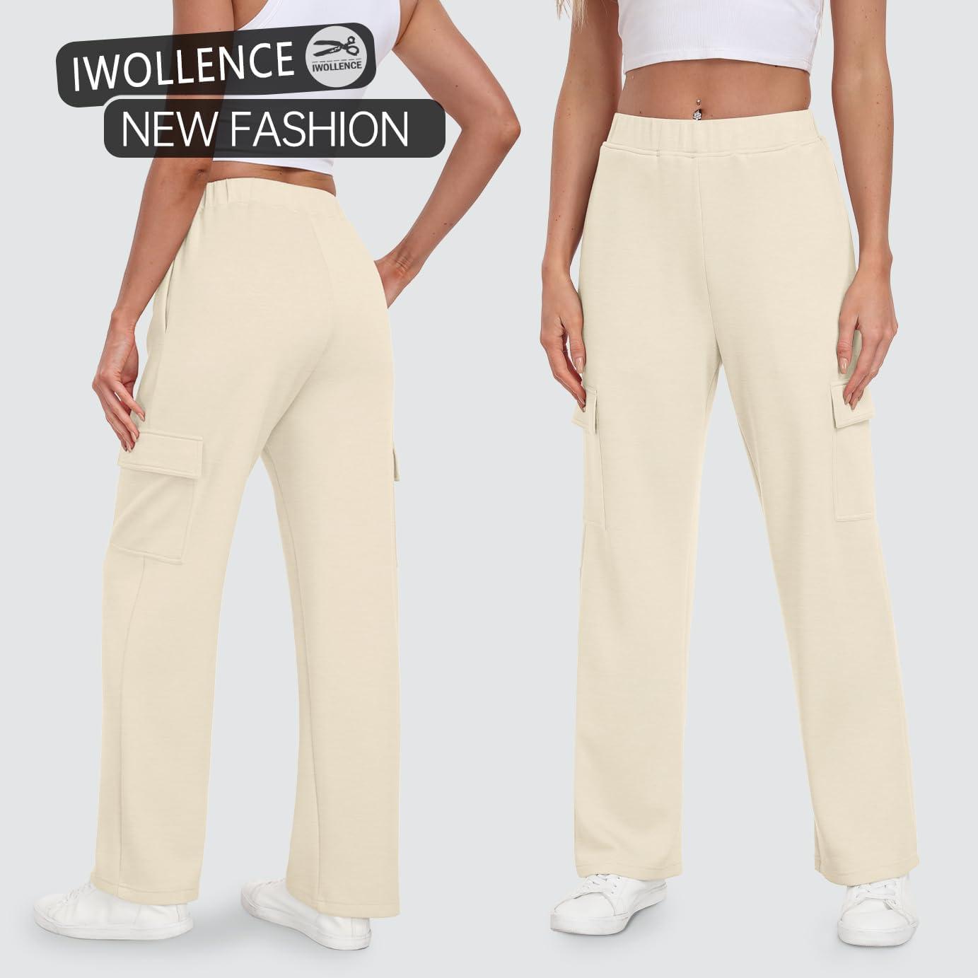 imageIWOLLENCE Womens Cargo Sweatpants Baggy Wide Straight Leg Sweats Pants with PocketsE02 Apricot