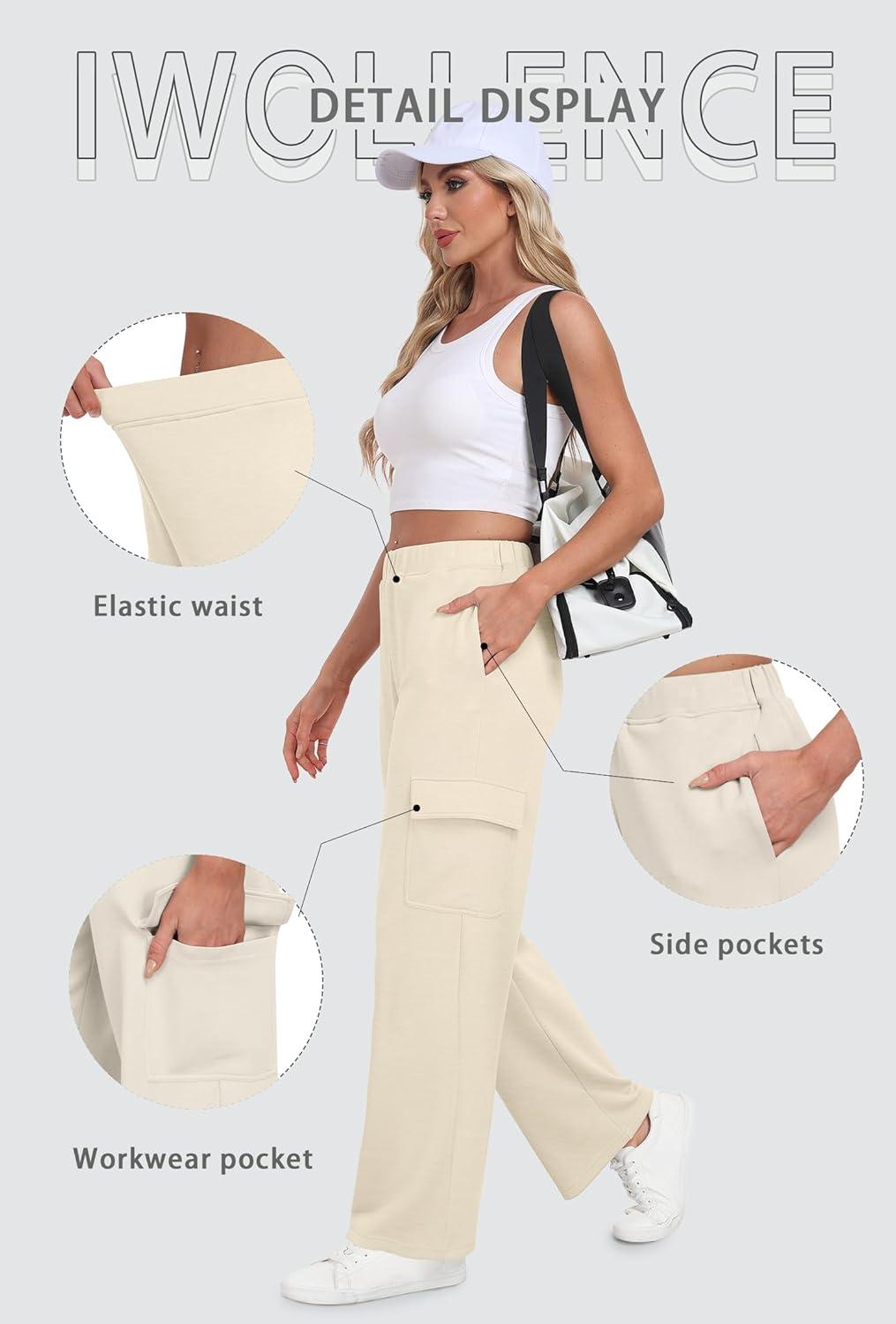 imageIWOLLENCE Womens Cargo Sweatpants Baggy Wide Straight Leg Sweats Pants with PocketsE02 Apricot