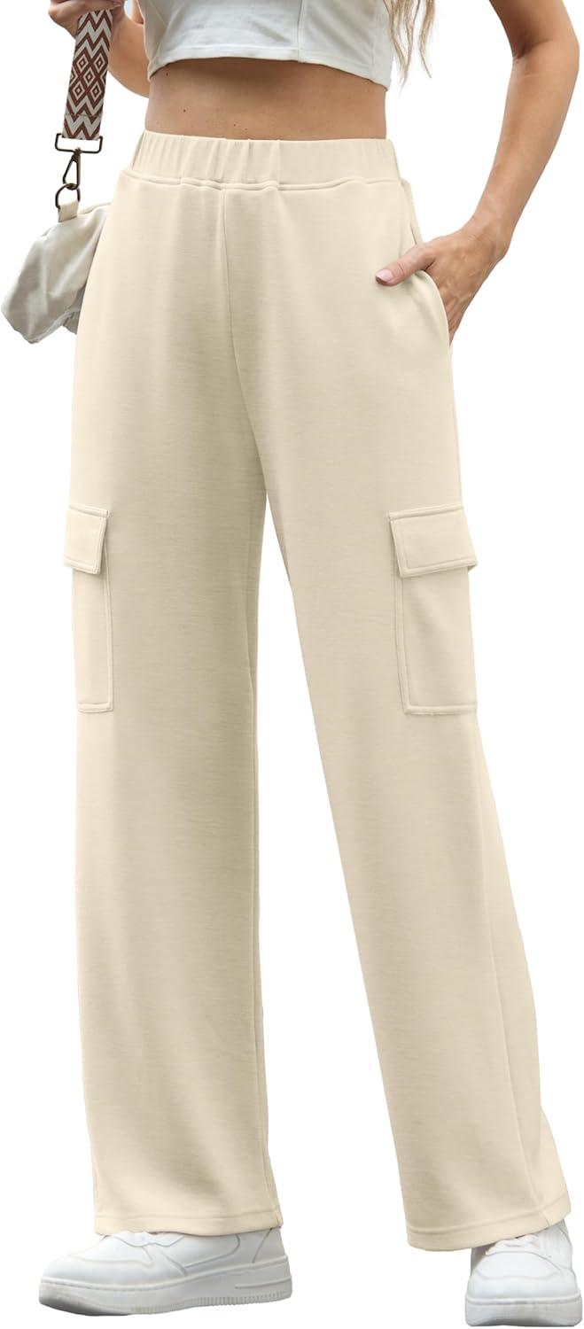 imageIWOLLENCE Womens Cargo Sweatpants Baggy Wide Straight Leg Sweats Pants with PocketsE02 Apricot