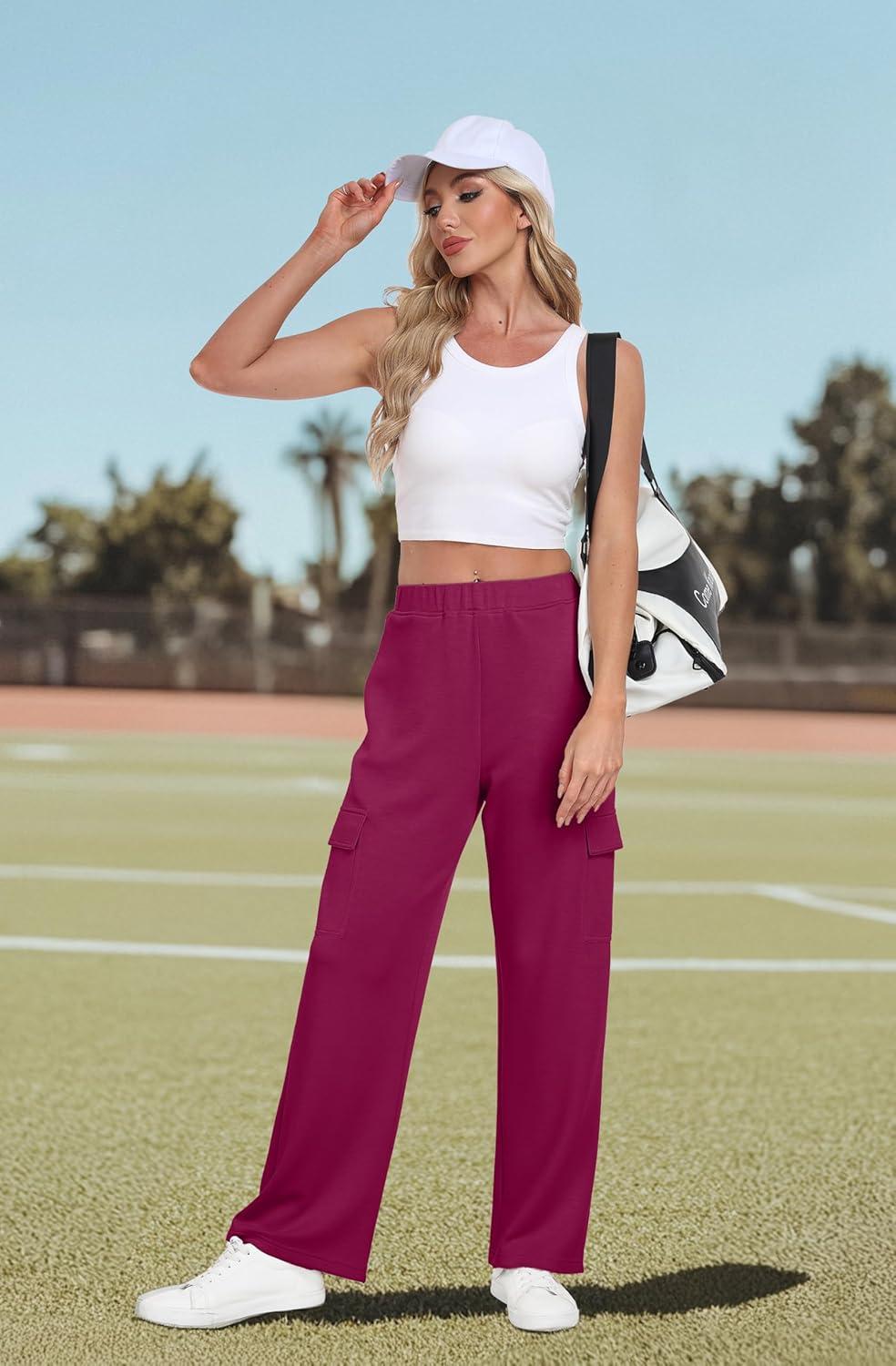 imageIWOLLENCE Womens Cargo Sweatpants Baggy Wide Straight Leg Sweats Pants with PocketsE02 Dragon Fruit Red