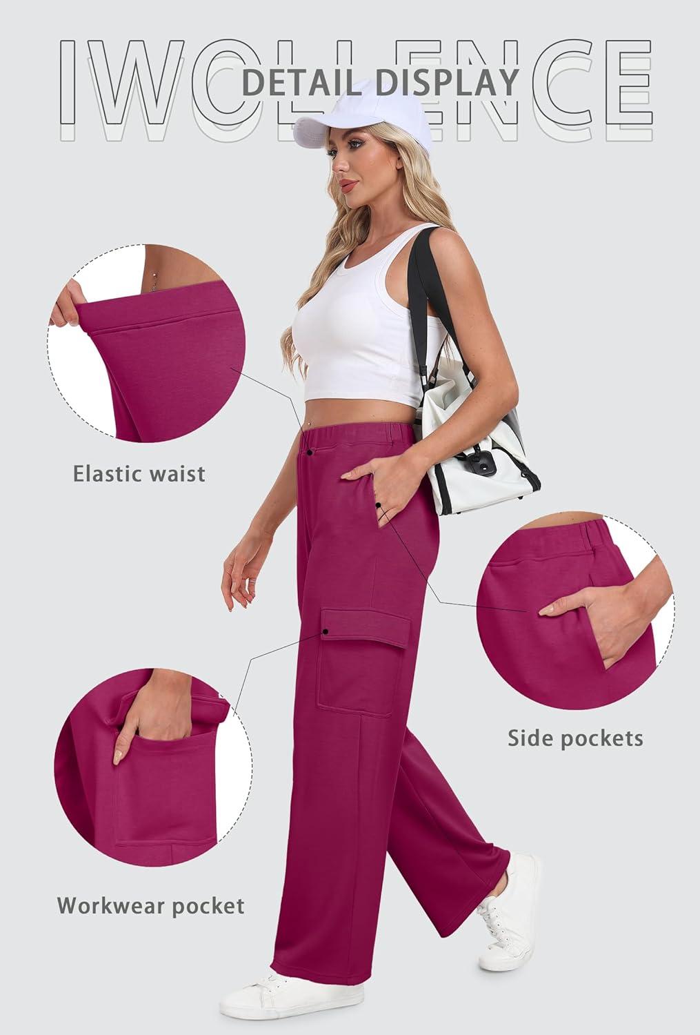 imageIWOLLENCE Womens Cargo Sweatpants Baggy Wide Straight Leg Sweats Pants with PocketsE02 Dragon Fruit Red