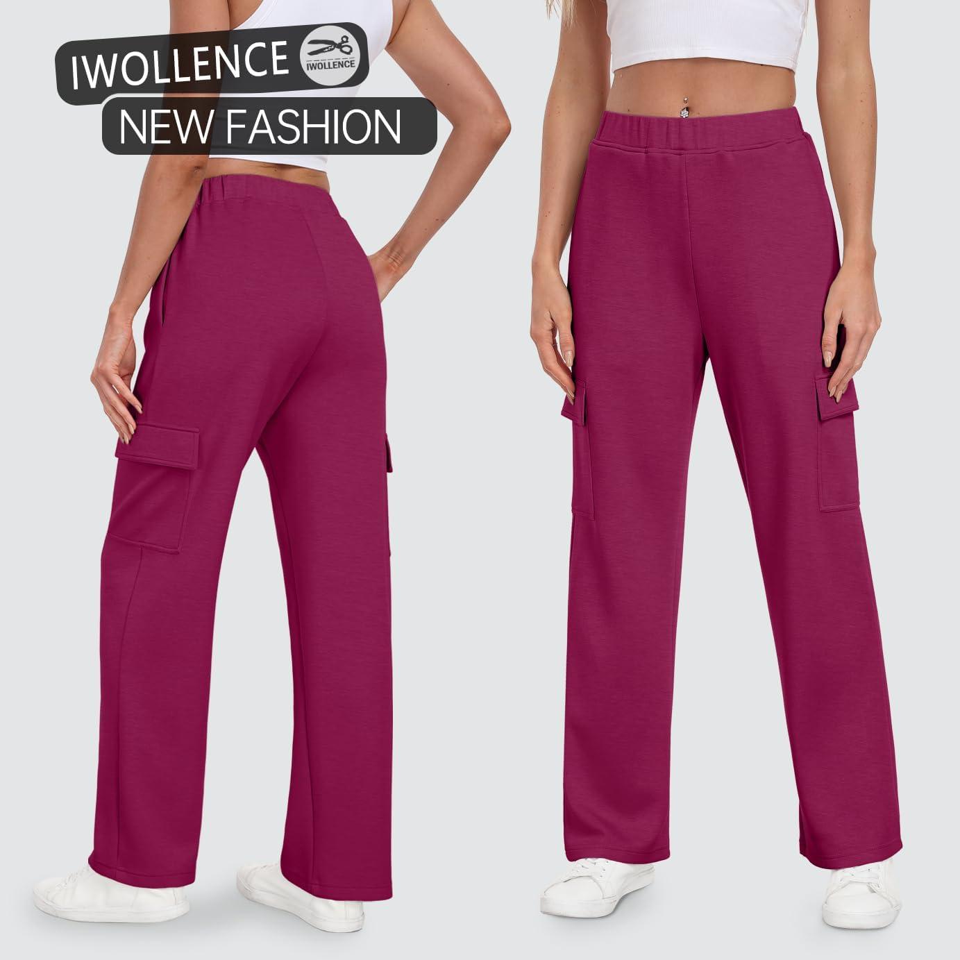 imageIWOLLENCE Womens Cargo Sweatpants Baggy Wide Straight Leg Sweats Pants with PocketsE02 Dragon Fruit Red