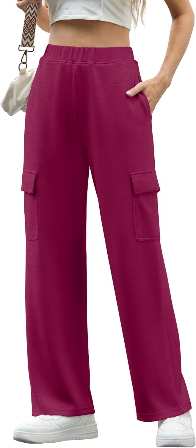 imageIWOLLENCE Womens Cargo Sweatpants Baggy Wide Straight Leg Sweats Pants with PocketsE02 Dragon Fruit Red