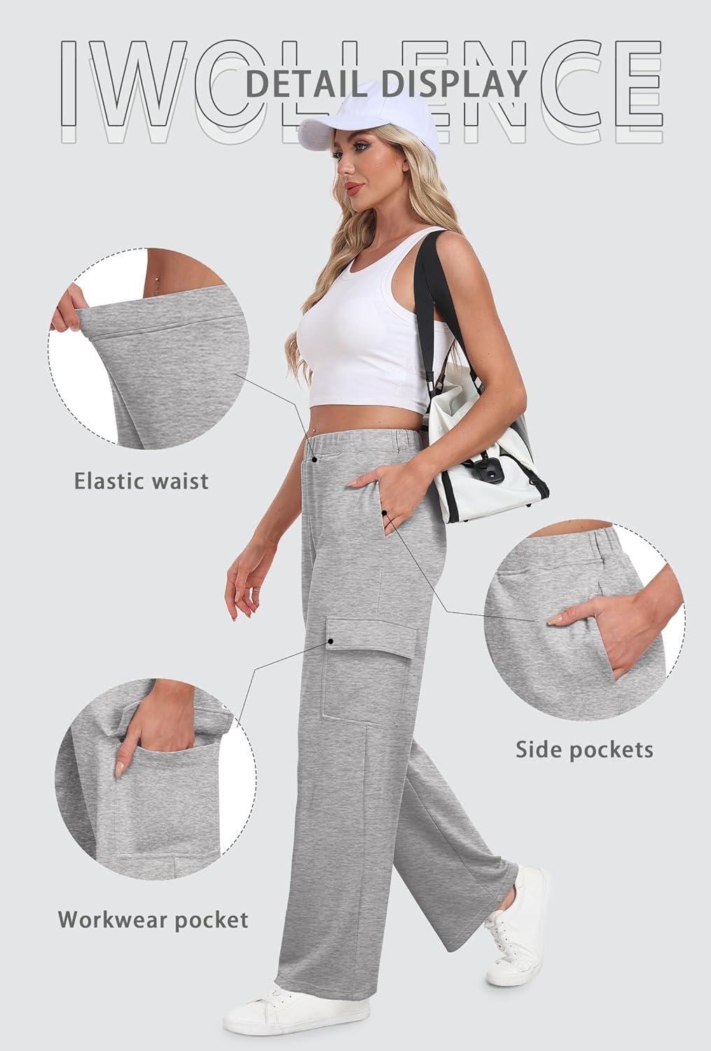 imageIWOLLENCE Womens Cargo Sweatpants Baggy Wide Straight Leg Sweats Pants with PocketsE02 Gray