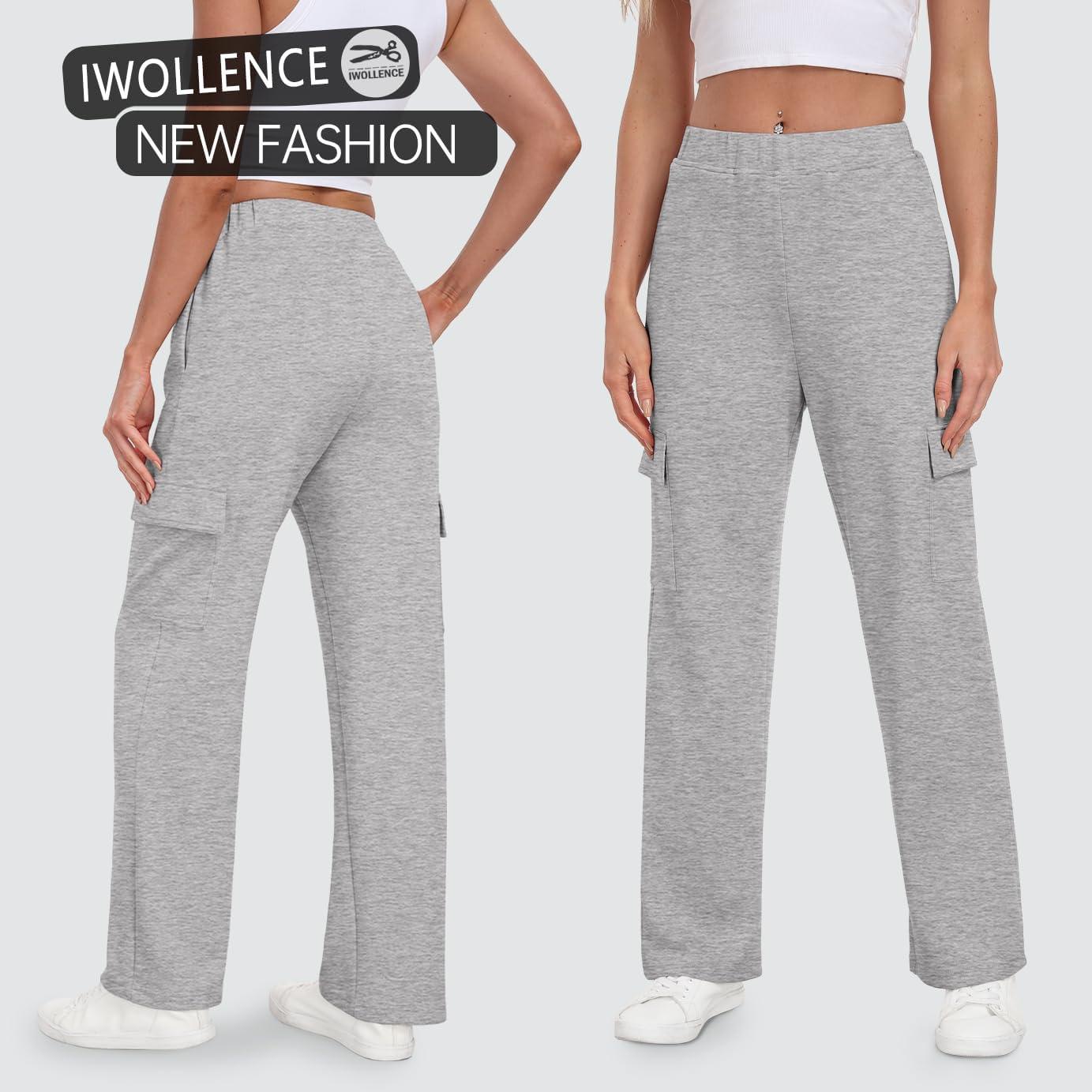imageIWOLLENCE Womens Cargo Sweatpants Baggy Wide Straight Leg Sweats Pants with PocketsE02 Gray