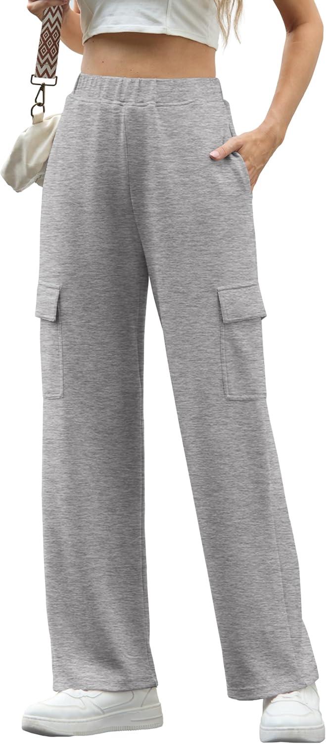 imageIWOLLENCE Womens Cargo Sweatpants Baggy Wide Straight Leg Sweats Pants with PocketsE02 Gray