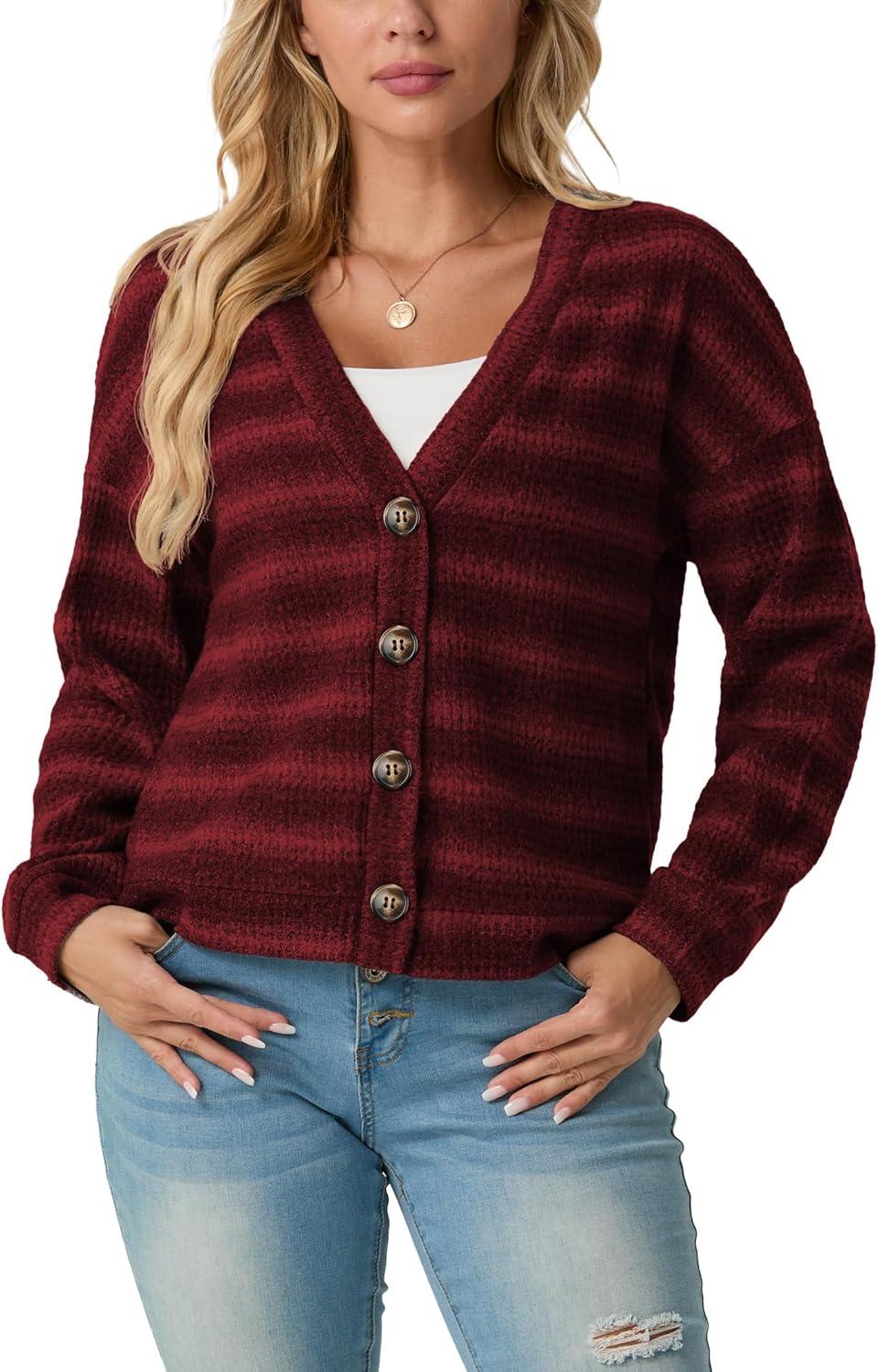 imageIWOLLENCE Womens Lightweight Cropped Cardigan V Neck Long Sleeve Waffle Knitted Button Up Sweater Tops TrendyAdark Red