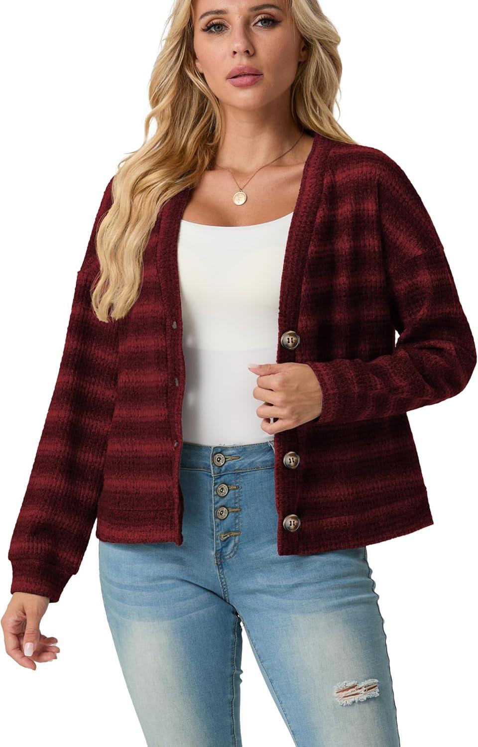 imageIWOLLENCE Womens Lightweight Cropped Cardigan V Neck Long Sleeve Waffle Knitted Button Up Sweater Tops TrendyAdark Red