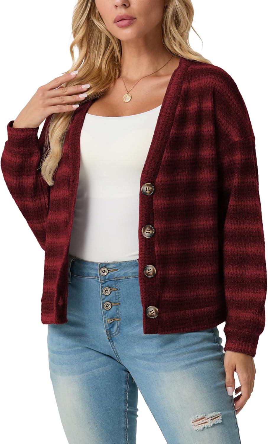 imageIWOLLENCE Womens Lightweight Cropped Cardigan V Neck Long Sleeve Waffle Knitted Button Up Sweater Tops TrendyAdark Red