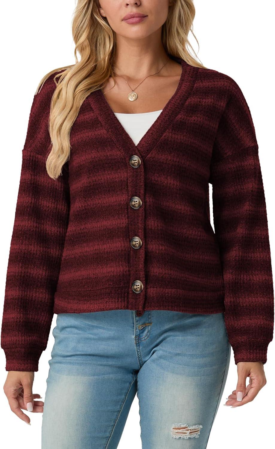 imageIWOLLENCE Womens Lightweight Cropped Cardigan V Neck Long Sleeve Waffle Knitted Button Up Sweater Tops TrendyAdark Red