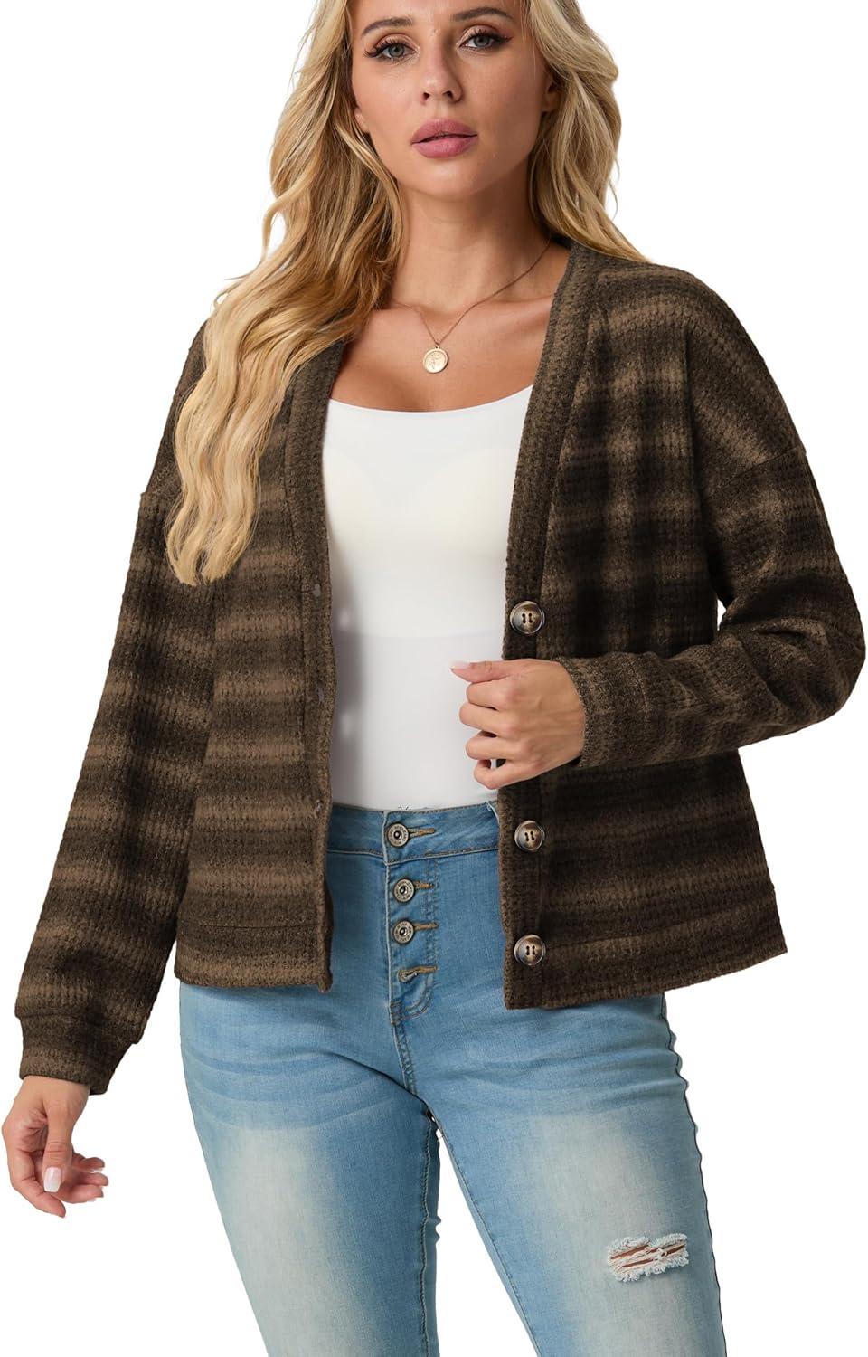 imageIWOLLENCE Womens Lightweight Cropped Cardigan V Neck Long Sleeve Waffle Knitted Button Up Sweater Tops TrendyAgrey Coffee