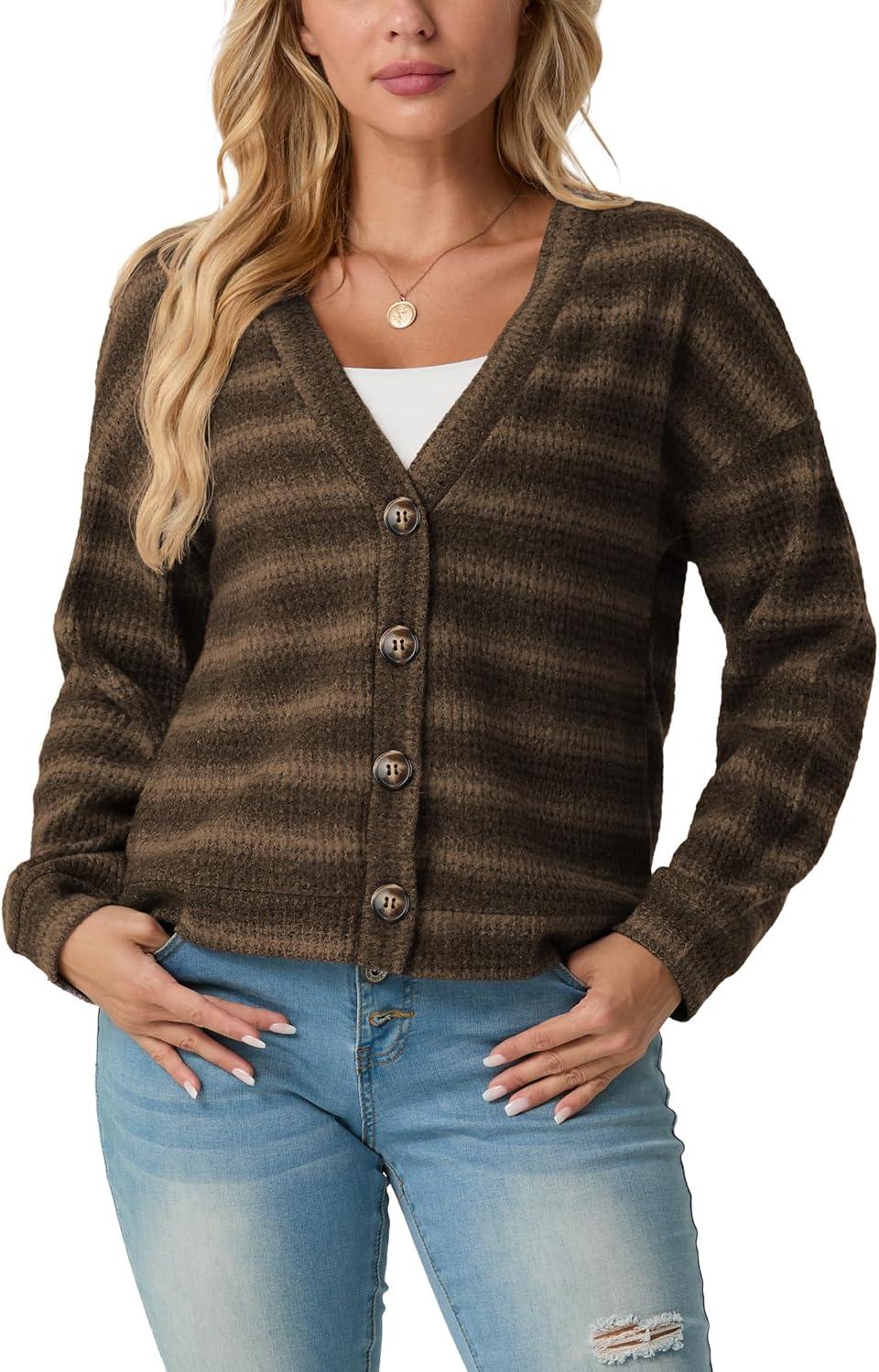 imageIWOLLENCE Womens Lightweight Cropped Cardigan V Neck Long Sleeve Waffle Knitted Button Up Sweater Tops TrendyAgrey Coffee