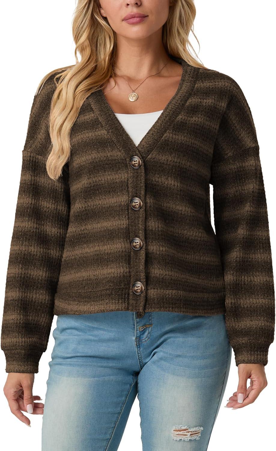 imageIWOLLENCE Womens Lightweight Cropped Cardigan V Neck Long Sleeve Waffle Knitted Button Up Sweater Tops TrendyAgrey Coffee