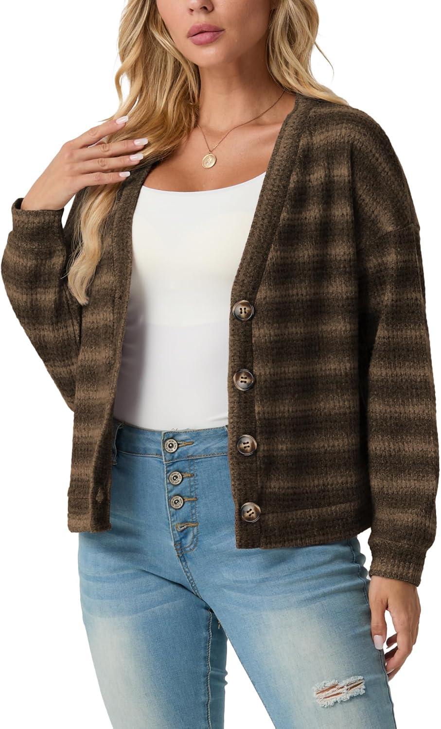 imageIWOLLENCE Womens Lightweight Cropped Cardigan V Neck Long Sleeve Waffle Knitted Button Up Sweater Tops TrendyAgrey Coffee