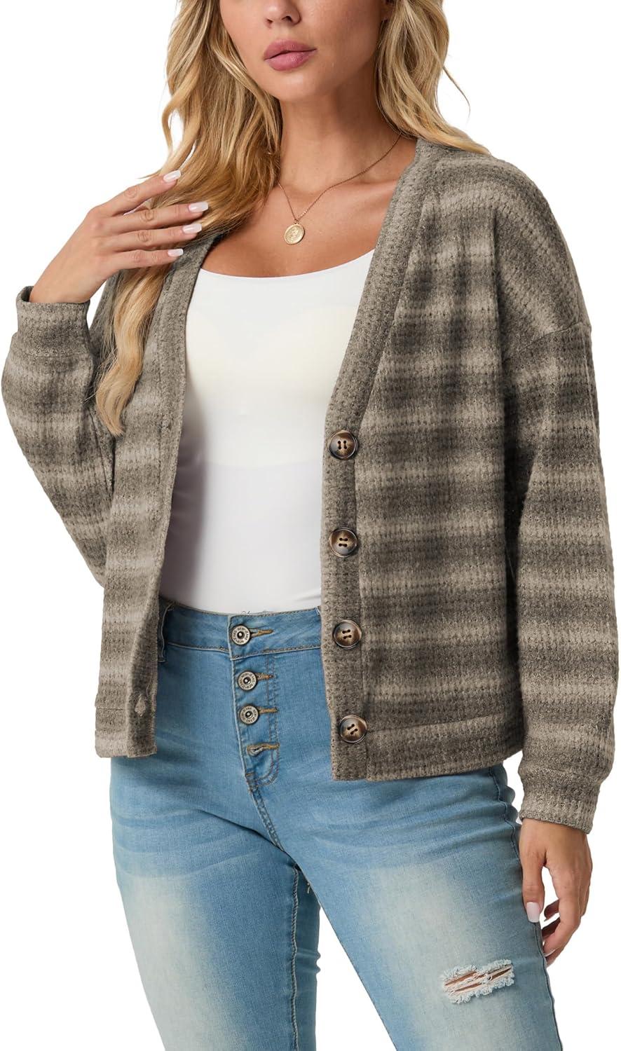 imageIWOLLENCE Womens Lightweight Cropped Cardigan V Neck Long Sleeve Waffle Knitted Button Up Sweater Tops TrendyAgrey Khaki
