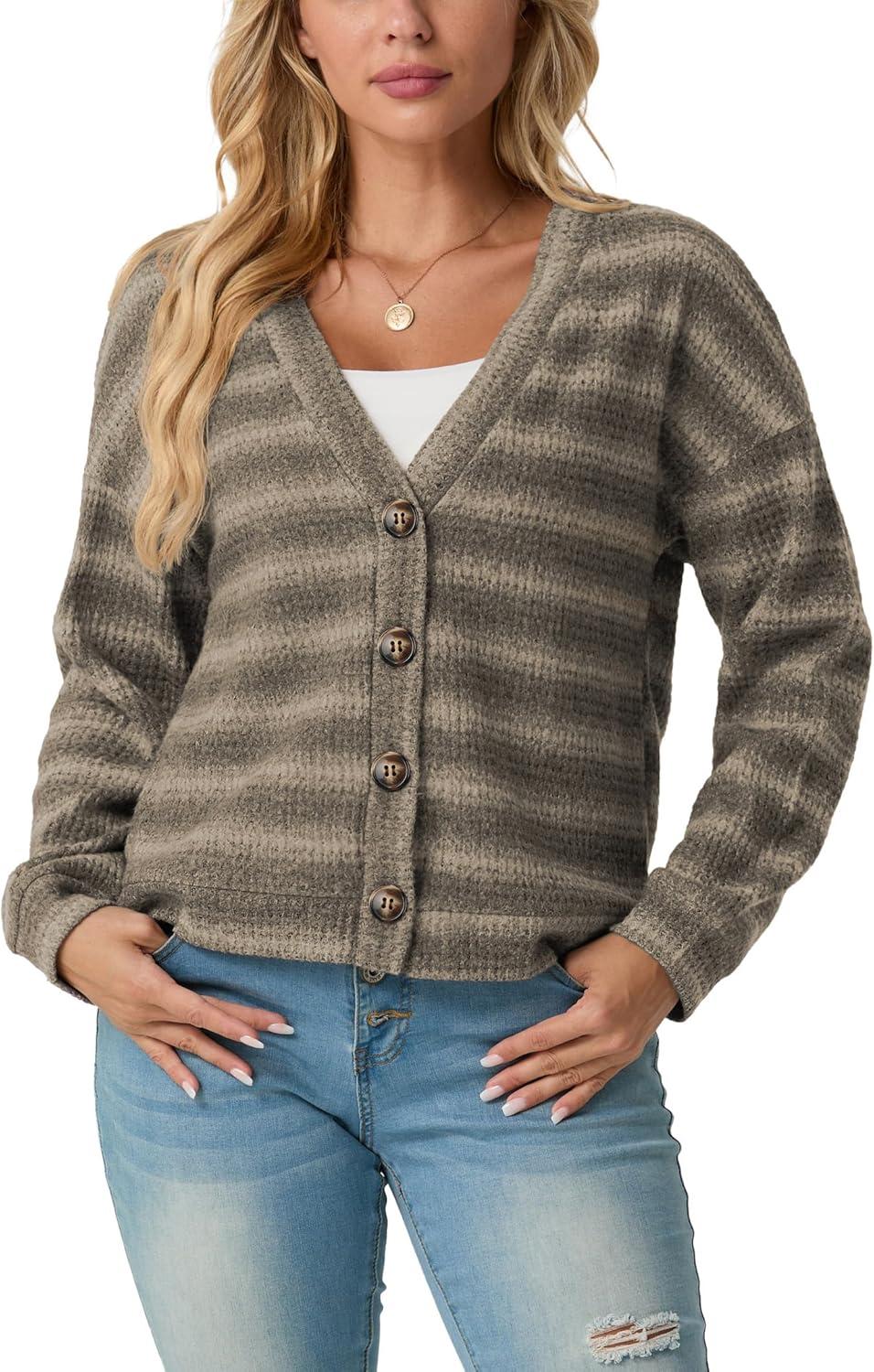 imageIWOLLENCE Womens Lightweight Cropped Cardigan V Neck Long Sleeve Waffle Knitted Button Up Sweater Tops TrendyAgrey Khaki