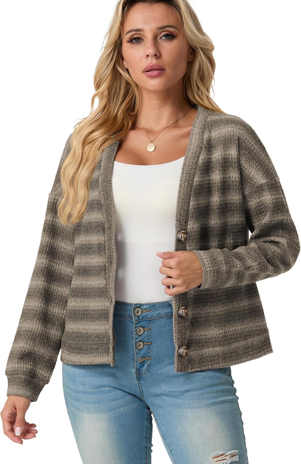 imageIWOLLENCE Womens Lightweight Cropped Cardigan V Neck Long Sleeve Waffle Knitted Button Up Sweater Tops TrendyAgrey Khaki