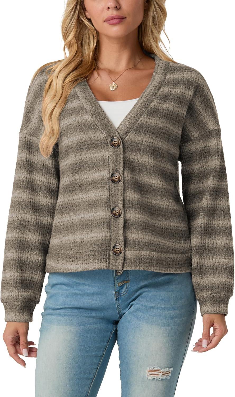 imageIWOLLENCE Womens Lightweight Cropped Cardigan V Neck Long Sleeve Waffle Knitted Button Up Sweater Tops TrendyAgrey Khaki