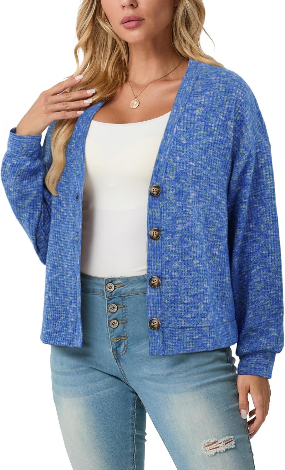 imageIWOLLENCE Womens Lightweight Cropped Cardigan V Neck Long Sleeve Waffle Knitted Button Up Sweater Tops TrendyBpastel Royal Blue